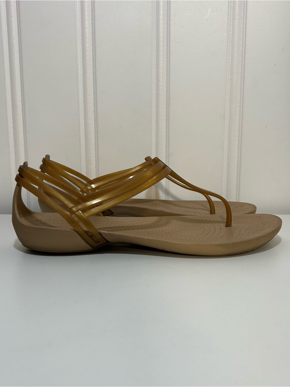 Crocs Isabella T-strap jelly bronze beige sandals thong ankle wrap women’s 10